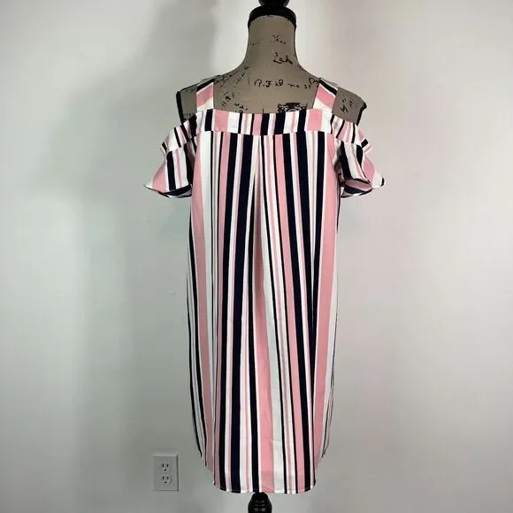 Skies Are Blue NWOT Pink Medium Striped off-the-shoulder Mini Dress Size M - Picture 2 of 4
